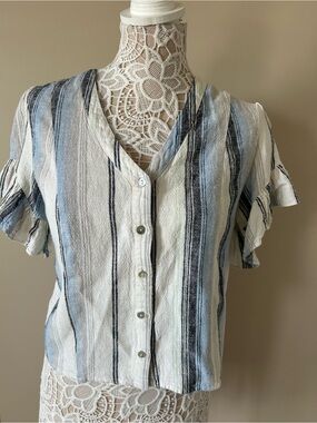 DREW Blue and White Striped Button-Front Ruffle Sleeve Top